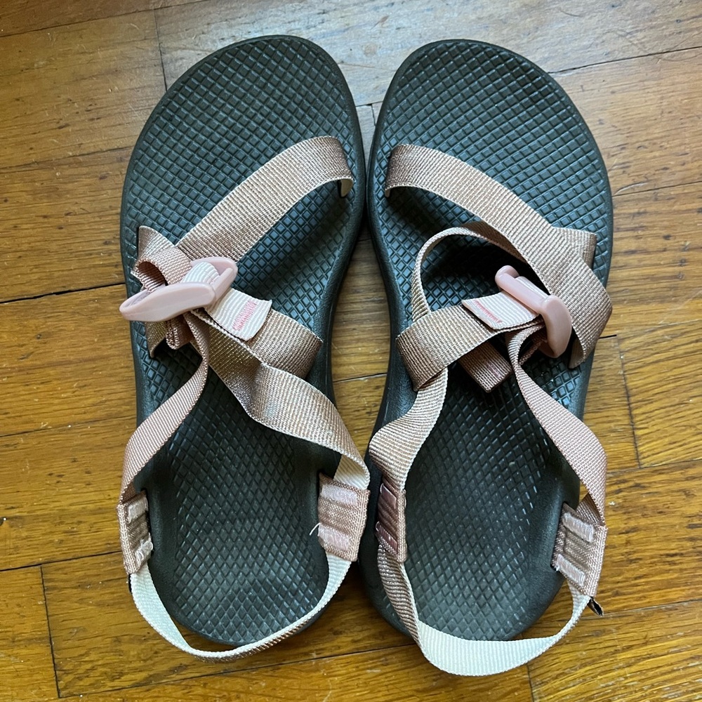 Rose gold and brown Chacos
